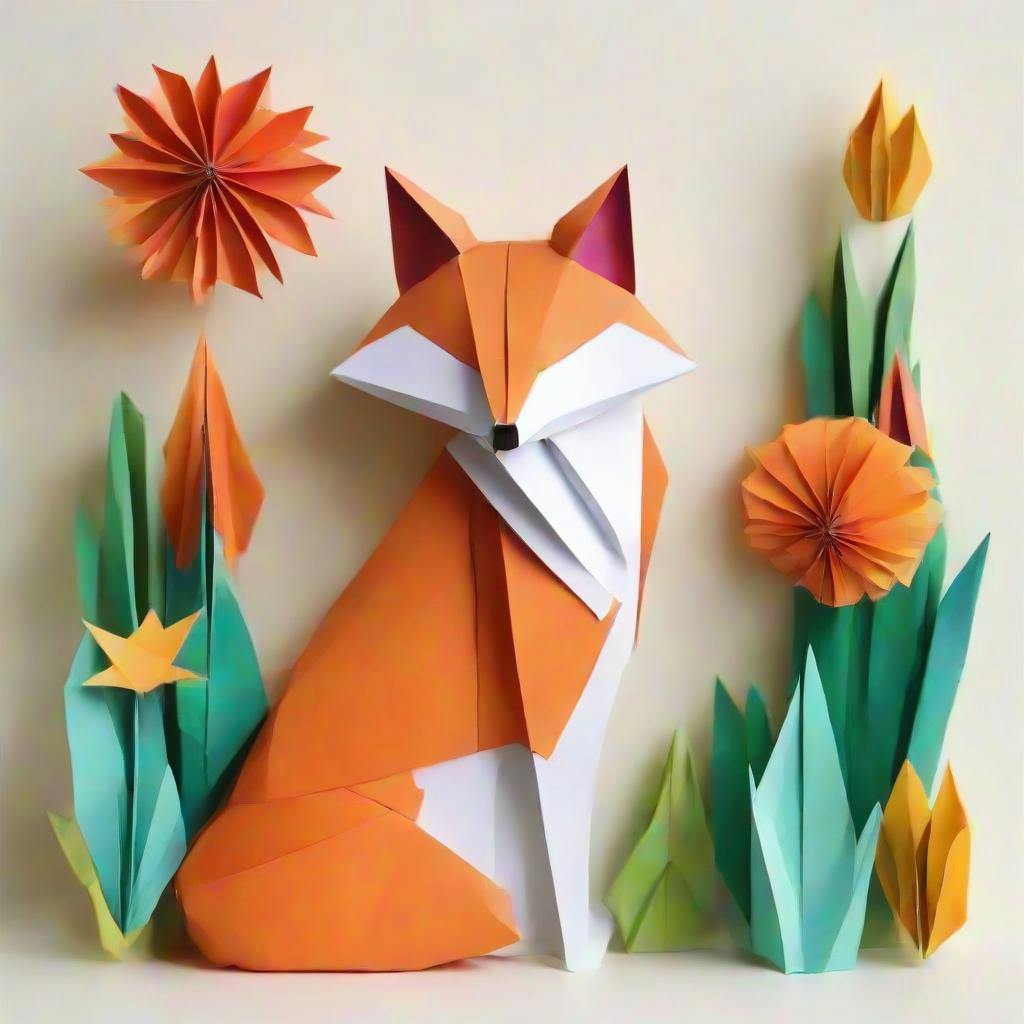 generated image of 'a fox in a garden' in origami style